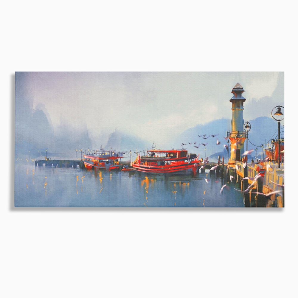 Tablou canvas cu tablou canvas cu barci si far, fara rama, pe sasiu de lemn
