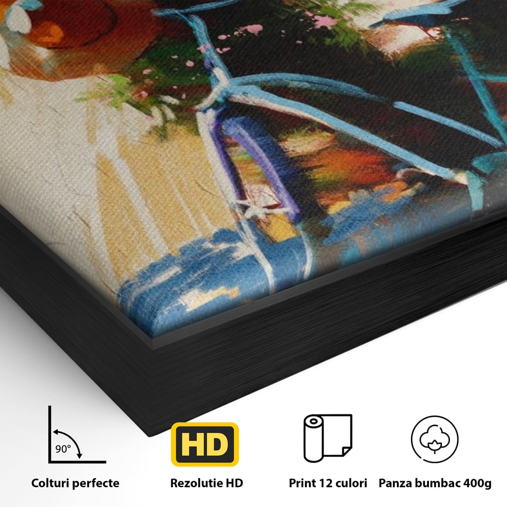 Detaliu al suprafetei: tablou canvas cu bicicleta si flori, in rama de aluminiu negru