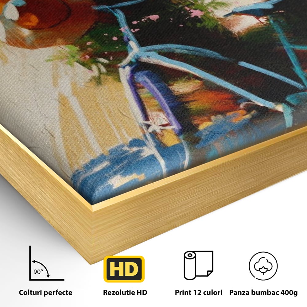 Detaliu al suprafetei: tablou canvas cu bicicleta si flori, in rama de aluminiu auriu