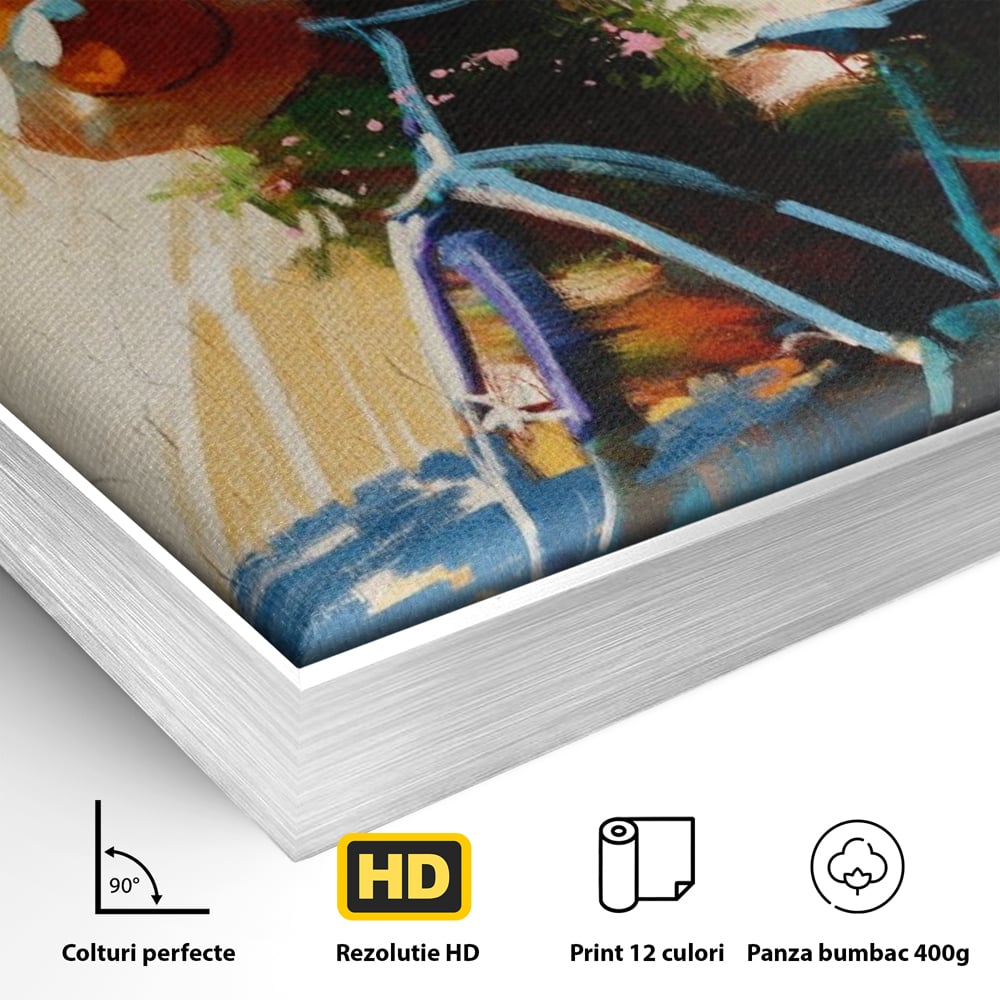 Detaliu al suprafetei: tablou canvas cu bicicleta si flori, in rama de aluminiu argintiu