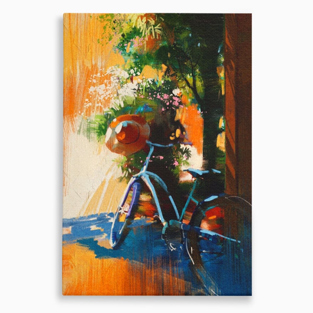 Tablou canvas cu tablou canvas cu bicicleta si flori, fara rama, pe sasiu de lemn