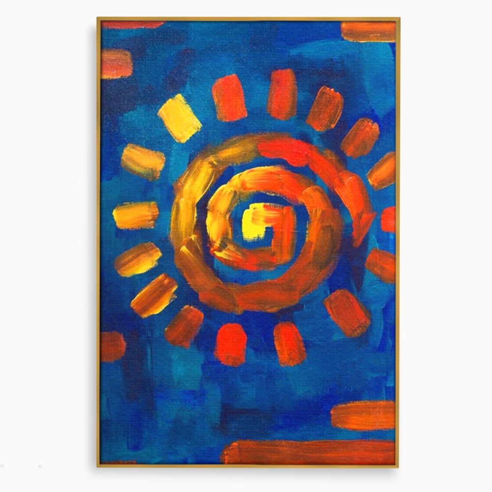 Tablou canvas cu tablou pictura cu soare spiralat, in rama de aluminiu auriu
