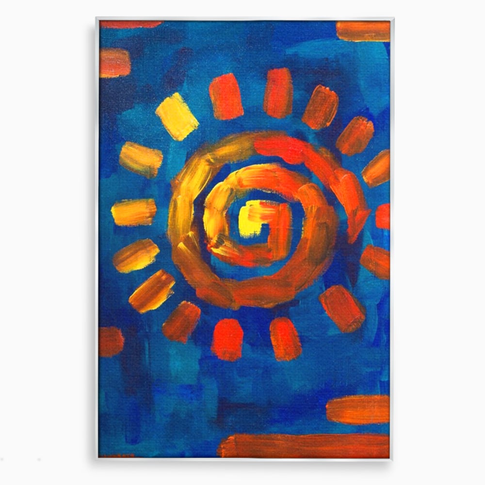 Tablou canvas cu tablou pictura cu soare spiralat, in rama de aluminiu argintiu