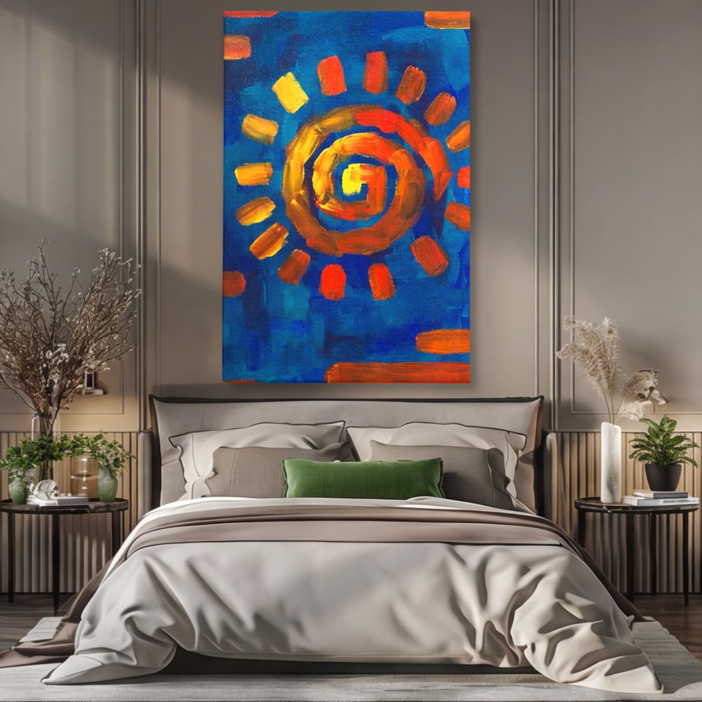 Tablou canvas cu tablou pictura cu soare spiralat, fara rama, pe sasiu de lemn, pe perete intr-un dormitor