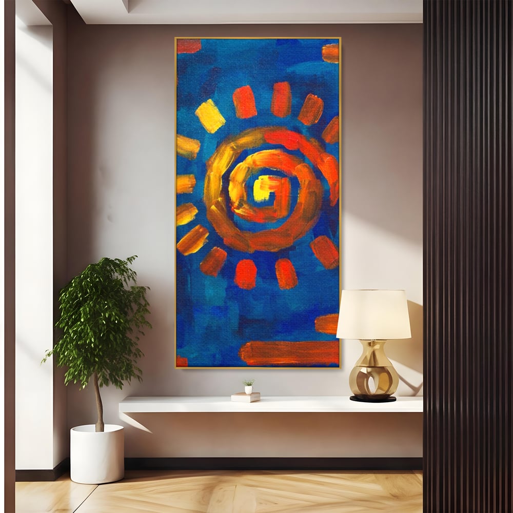 Tablou canvas cu tablou pictura cu soare spiralat, in rama de aluminiu auriu