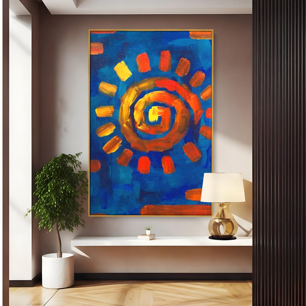 Tablou canvas cu tablou pictura cu soare spiralat, in rama de aluminiu auriu