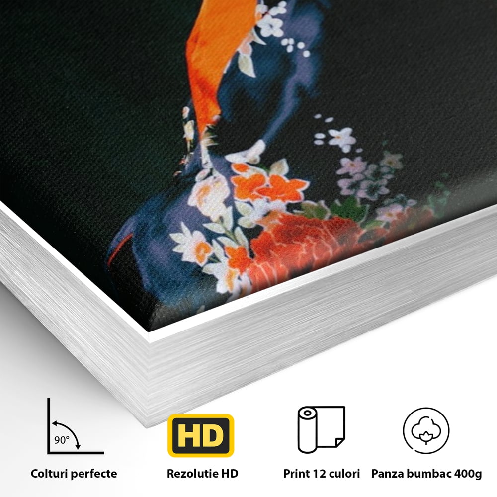Detaliu al suprafetei: tablou portret gheisa japoneza, in rama de aluminiu argintiu