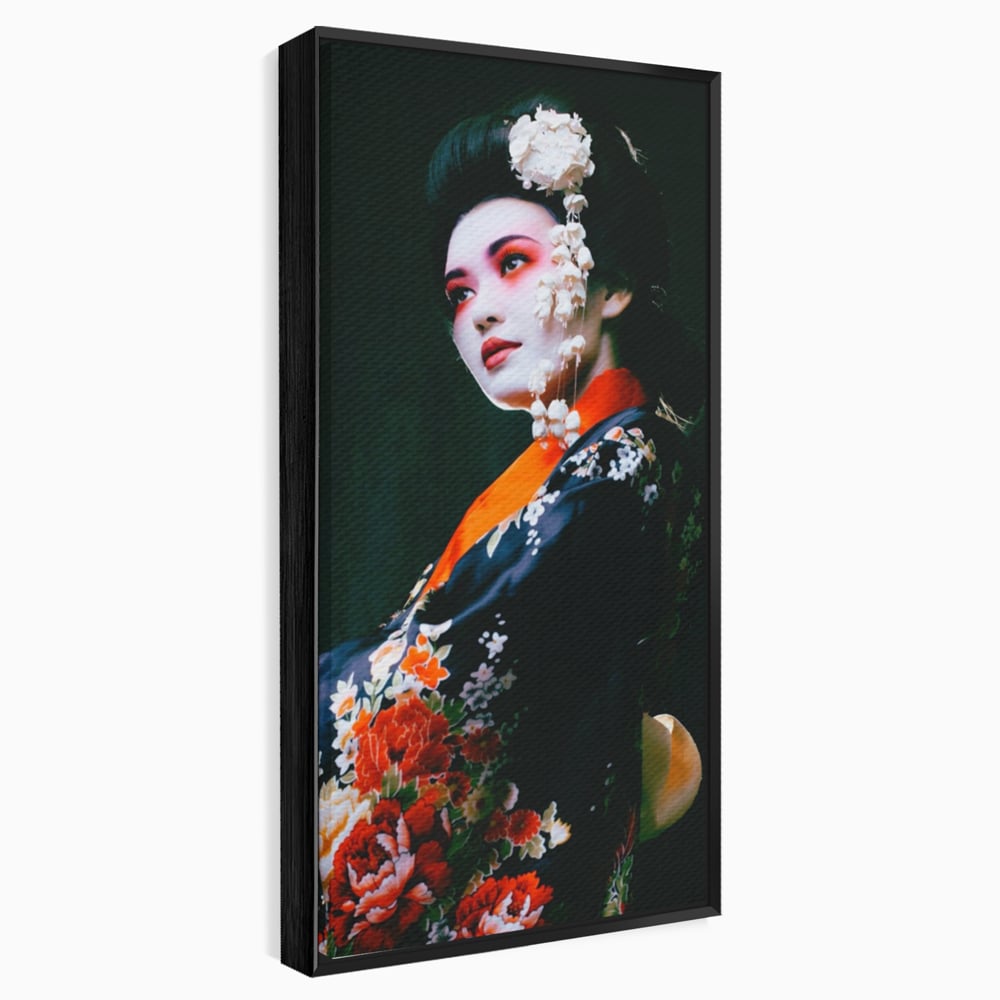 Tablou canvas cu tablou portret gheisa japoneza, in rama de aluminiu negru