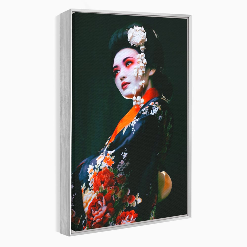 Tablou canvas cu tablou portret gheisa japoneza, in rama de aluminiu argintiu