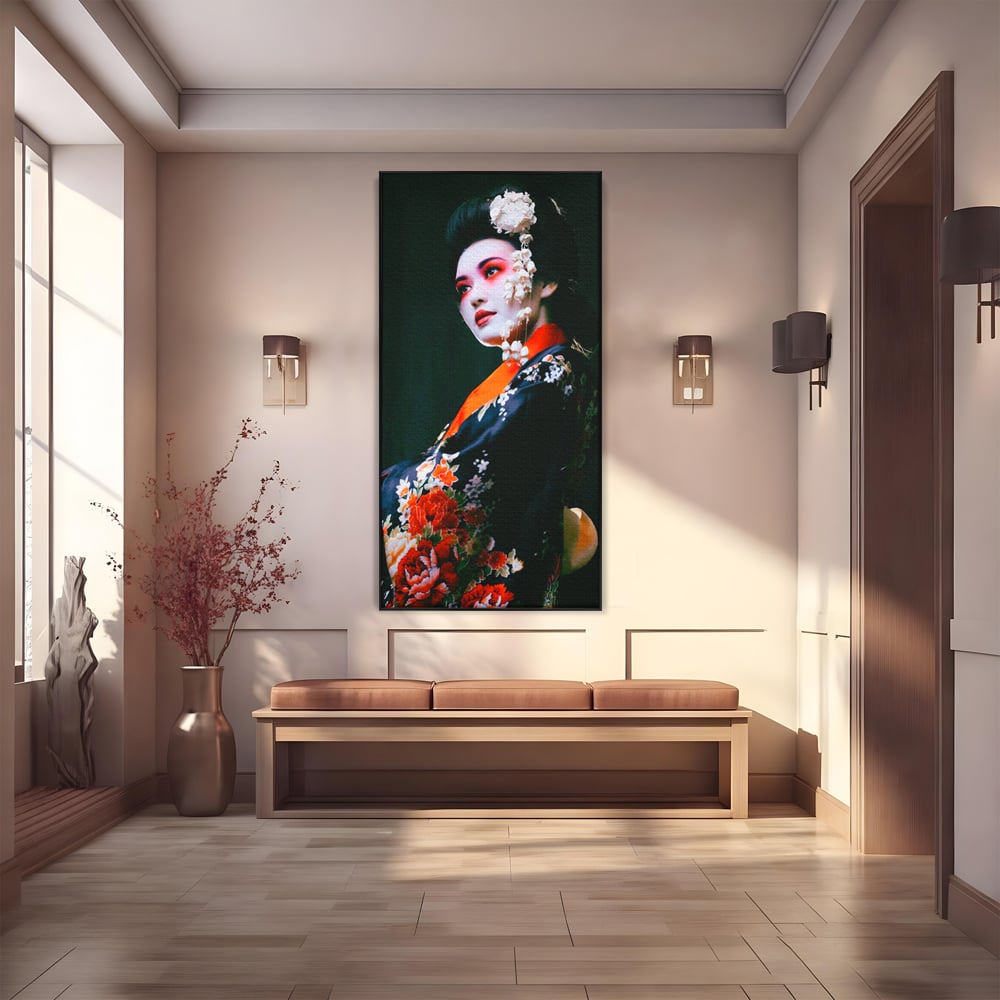 Tablou canvas cu tablou portret gheisa japoneza, in rama de aluminiu negru