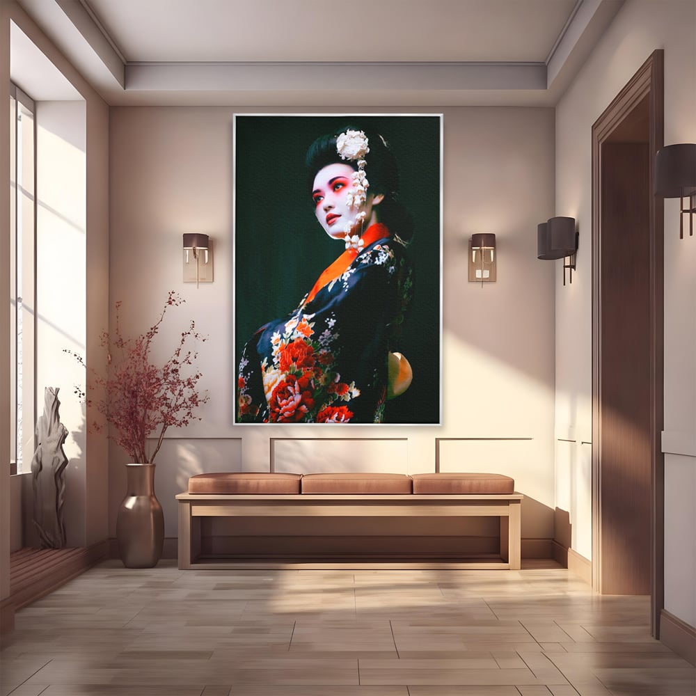 Tablou canvas cu tablou portret gheisa japoneza, in rama de aluminiu argintiu