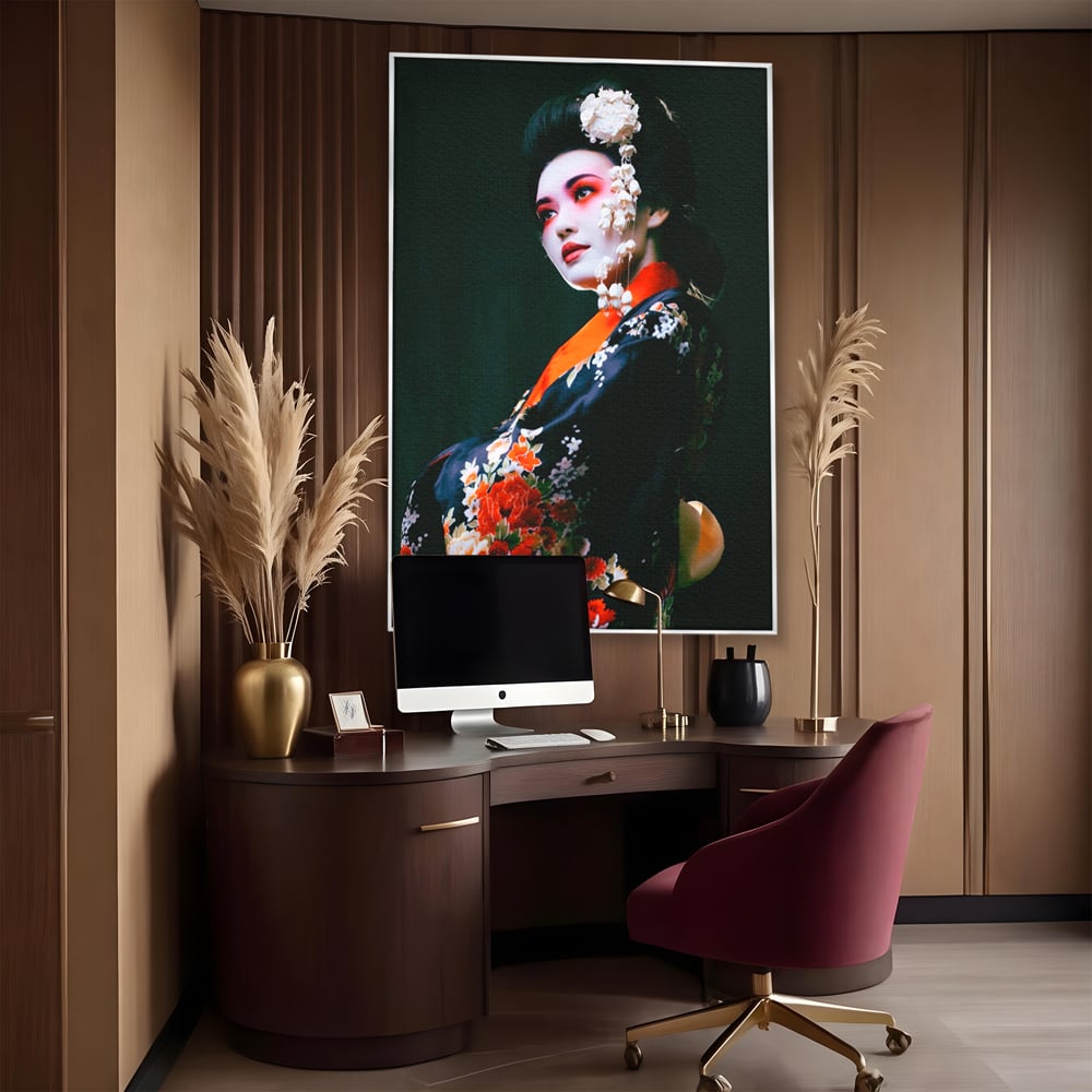 Tablou canvas cu tablou portret gheisa japoneza, in rama de aluminiu argintiu, pe perete intr-un birou