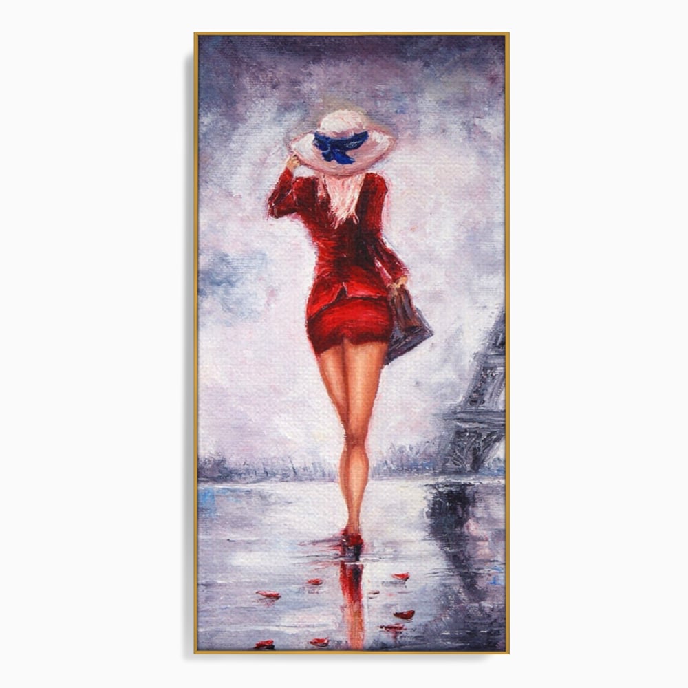 Tablou canvas cu pictura cu femeie in rochie rosie, in rama de aluminiu auriu