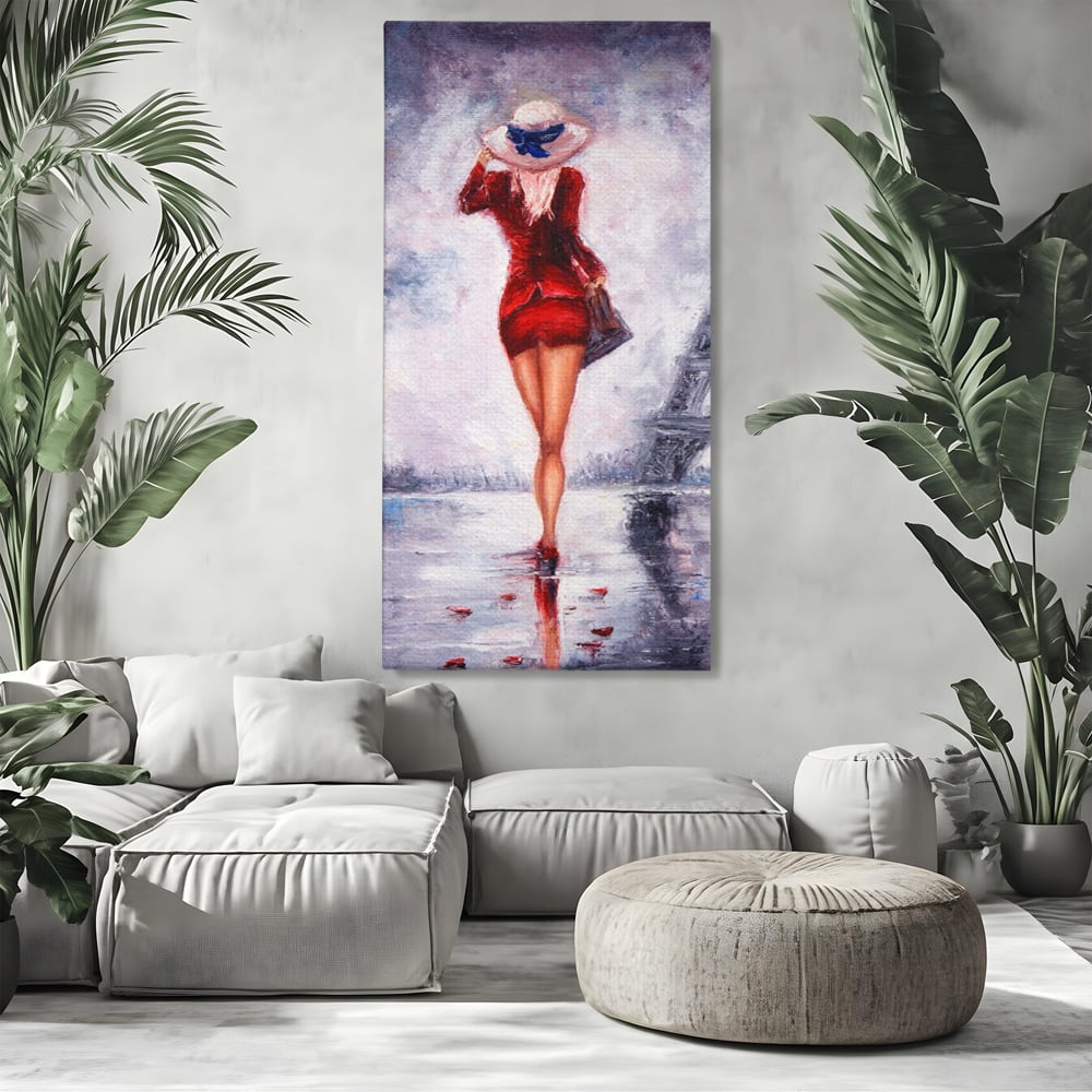 Tablou canvas cu pictura cu femeie in rochie rosie, fara rama, pe sasiu de lemn, pe perete intr-un living