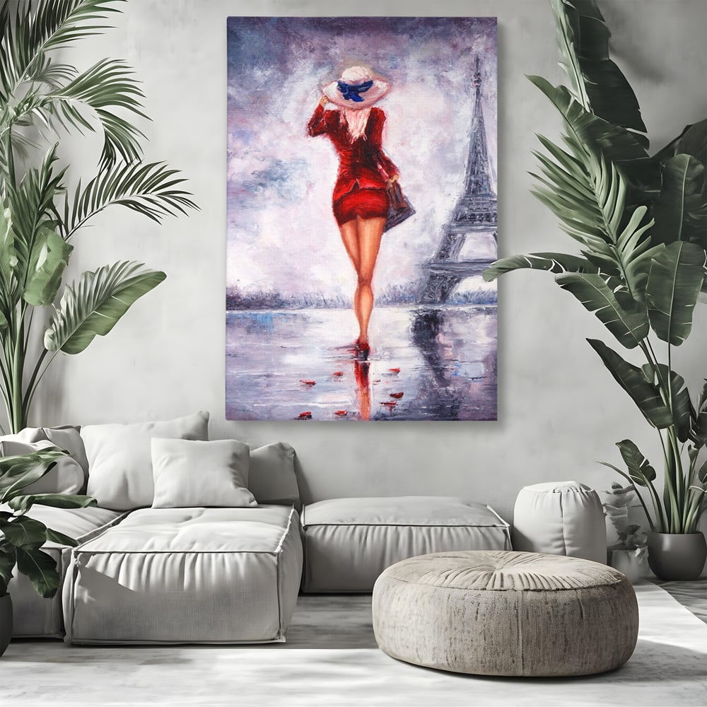 Tablou canvas cu pictura cu femeie in rochie rosie, fara rama, pe sasiu de lemn, pe perete intr-un living