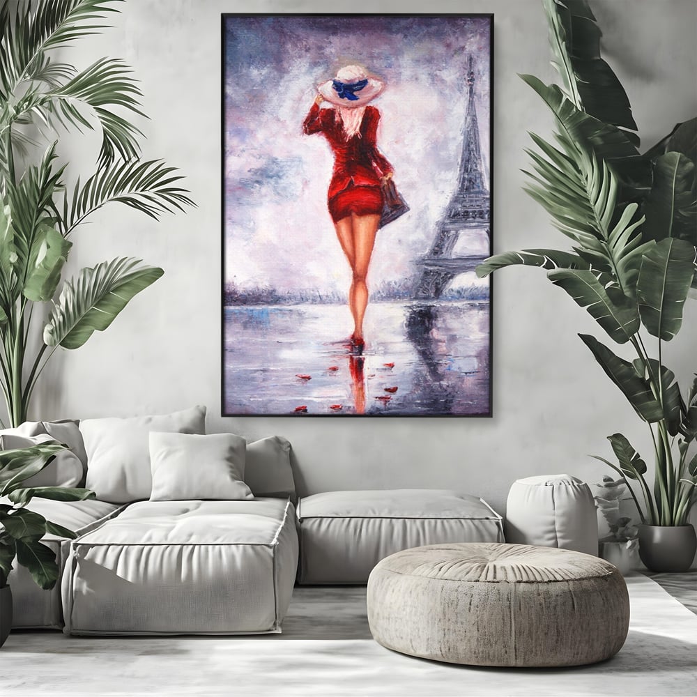 Tablou canvas cu pictura cu femeie in rochie rosie, in rama de aluminiu negru, pe perete intr-un living