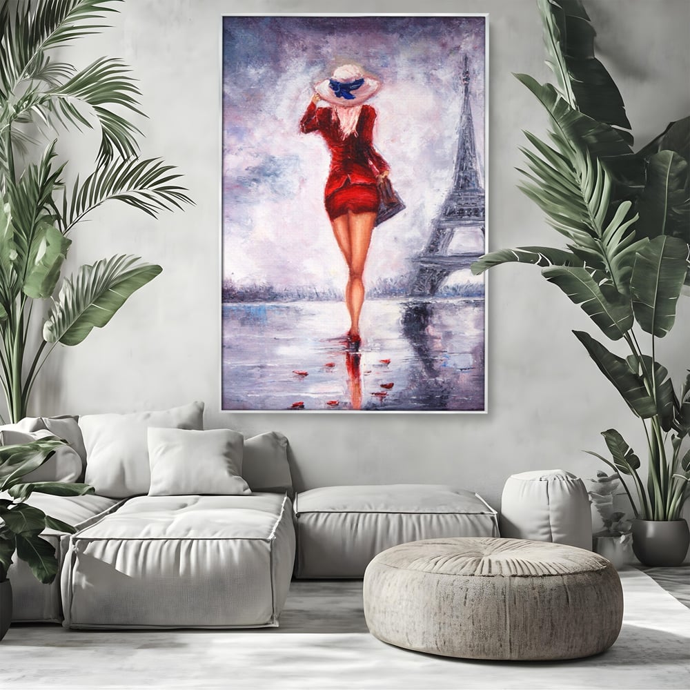 Tablou canvas cu pictura cu femeie in rochie rosie, in rama de aluminiu argintiu, pe perete intr-un living