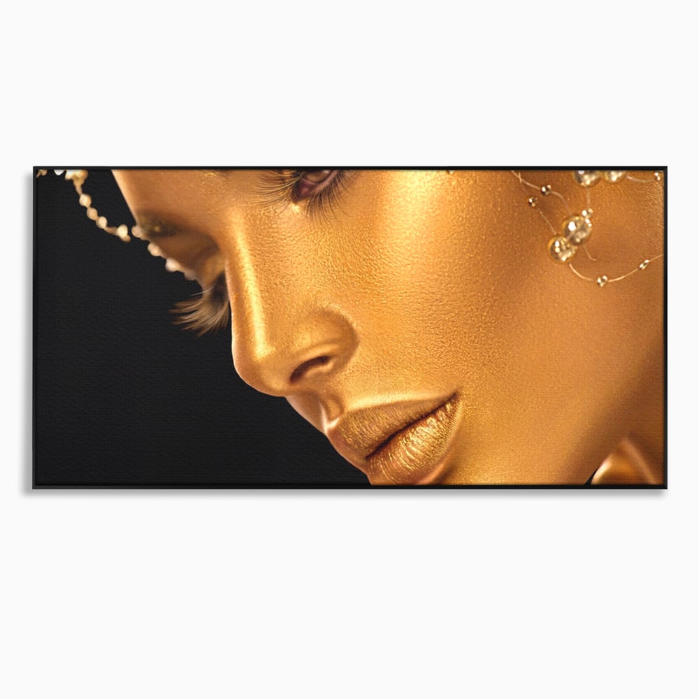Tablou canvas cu tablou canvas cu femeie in nuante aurii, in rama de aluminiu negru