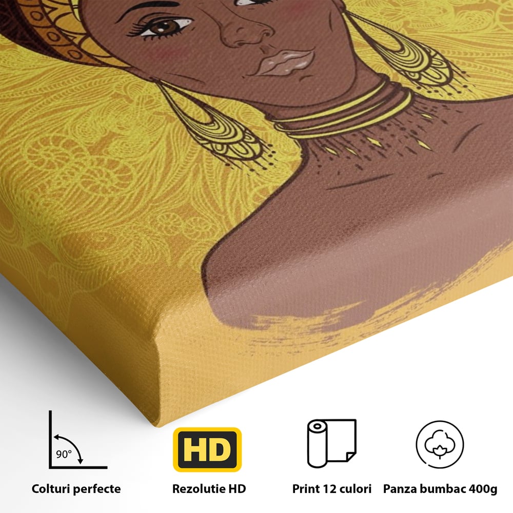 Detaliu al suprafetei: ilustratie digitala cu femeie africana, fara rama, pe sasiu de lemn