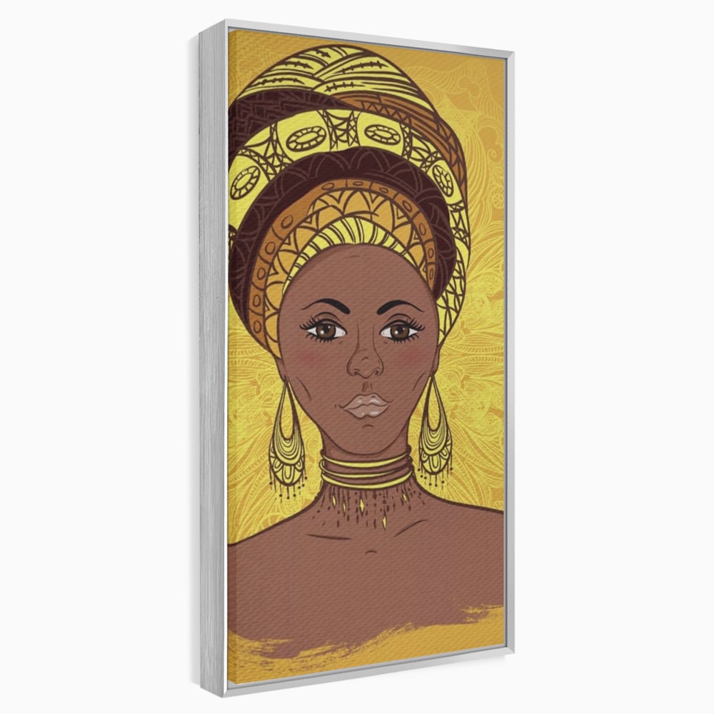 Tablou canvas cu ilustratie digitala cu femeie africana, in rama de aluminiu argintiu