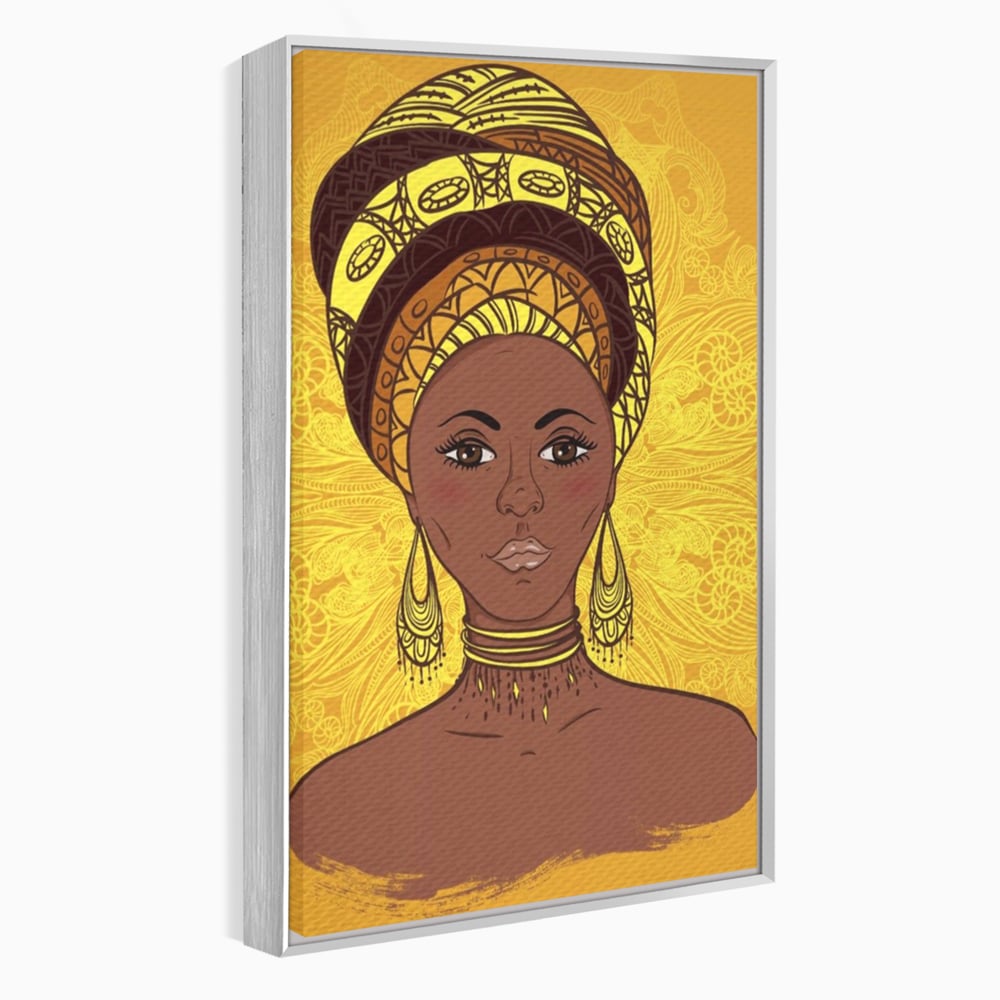 Tablou canvas cu ilustratie digitala cu femeie africana, in rama de aluminiu argintiu