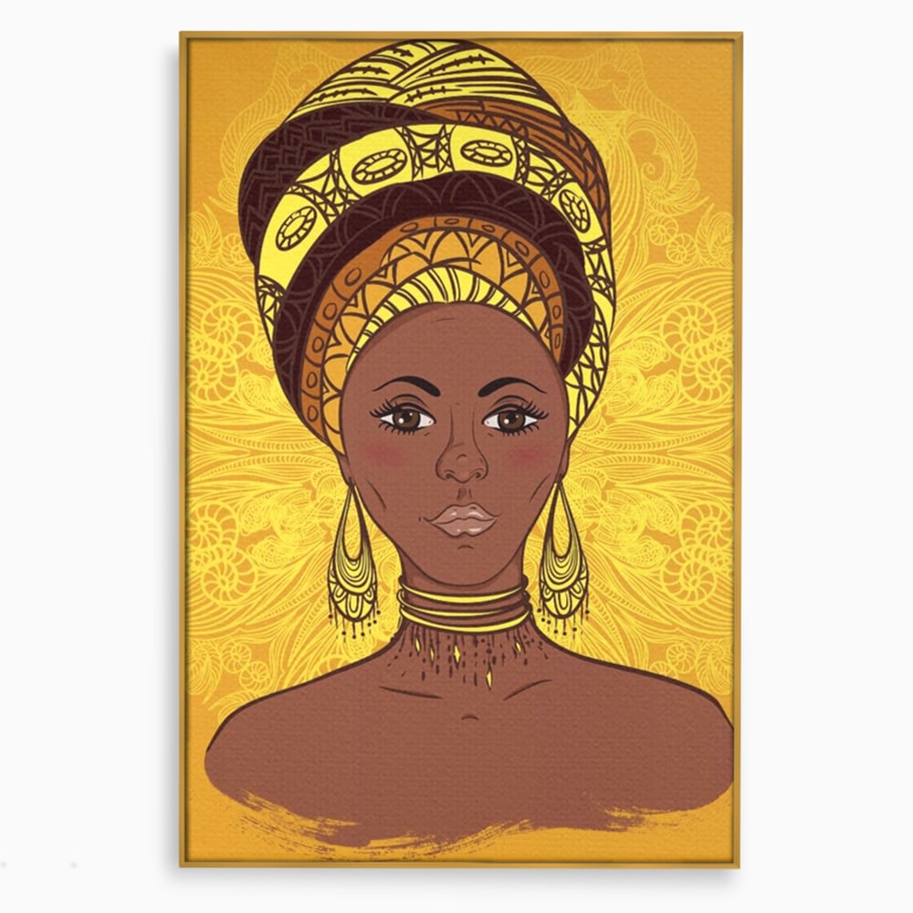Tablou canvas cu ilustratie digitala cu femeie africana, in rama de aluminiu auriu