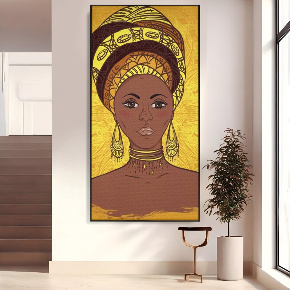 Tablou canvas cu ilustratie digitala cu femeie africana, in rama de aluminiu negru