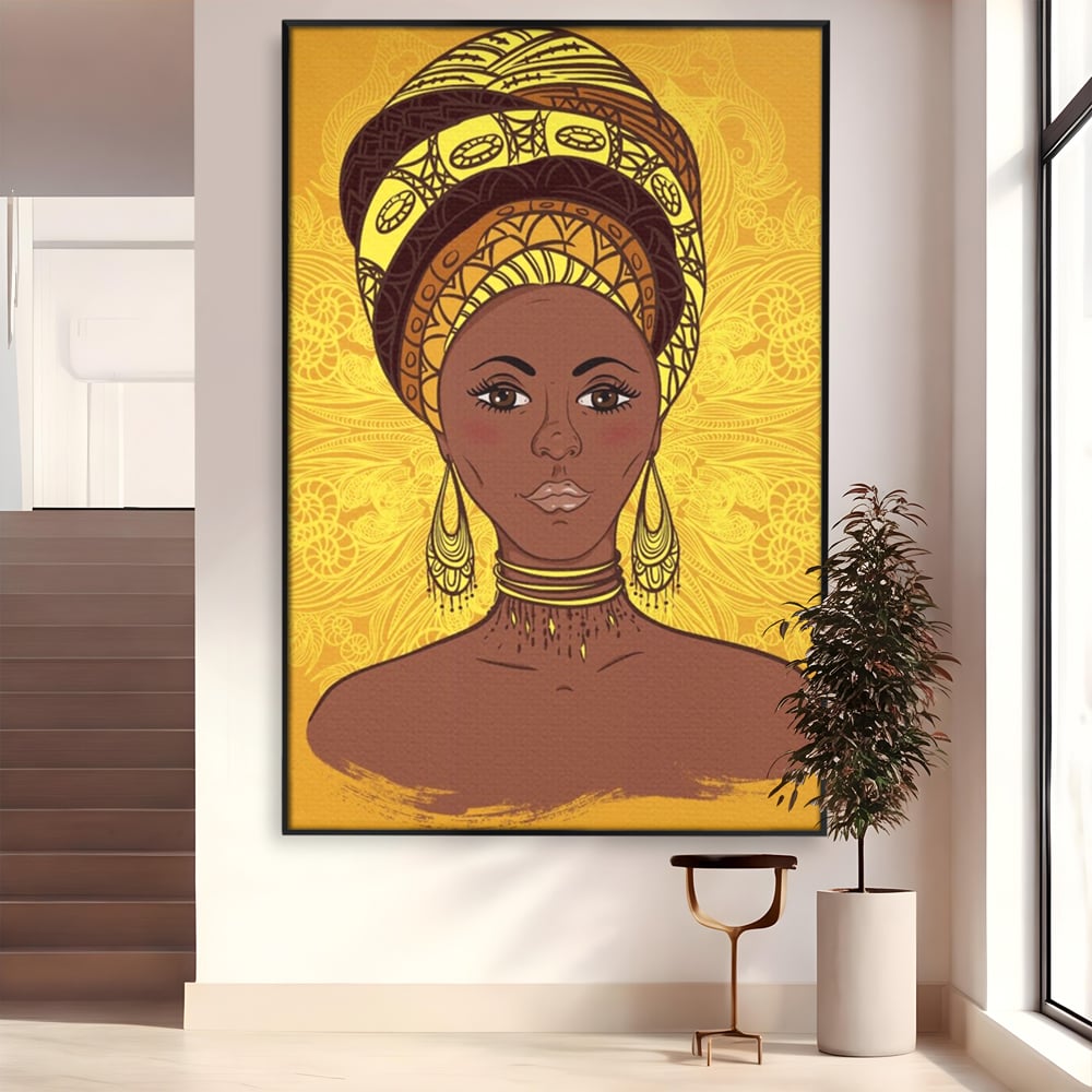 Tablou canvas cu ilustratie digitala cu femeie africana, in rama de aluminiu negru