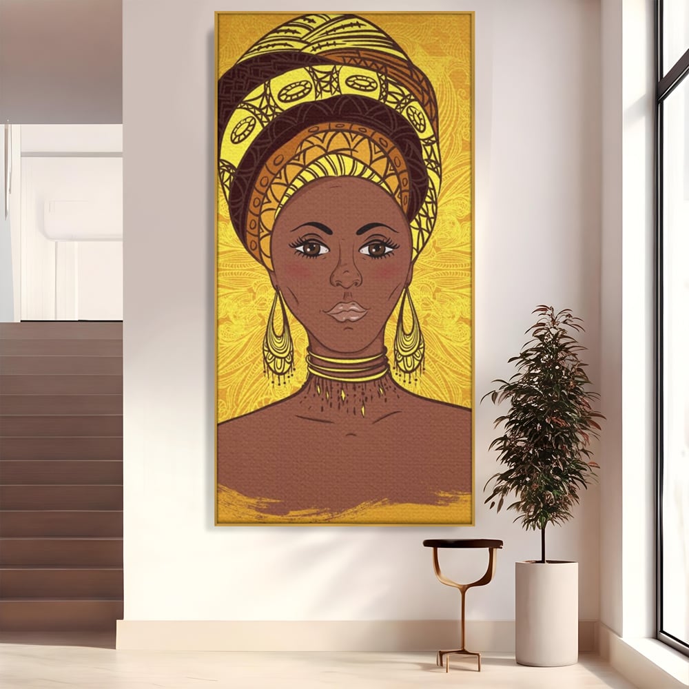 Tablou canvas cu ilustratie digitala cu femeie africana, in rama de aluminiu auriu