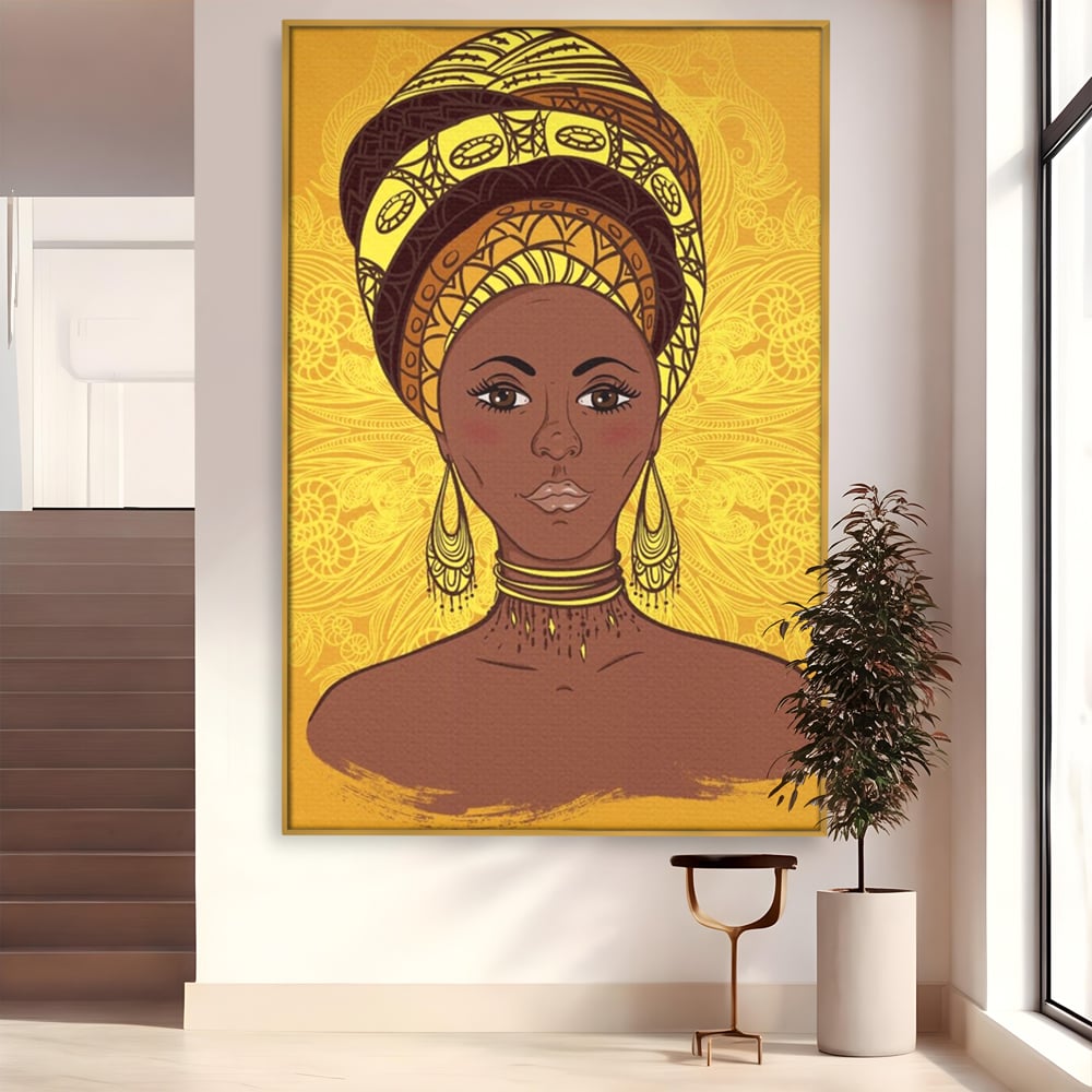 Tablou canvas cu ilustratie digitala cu femeie africana, in rama de aluminiu auriu