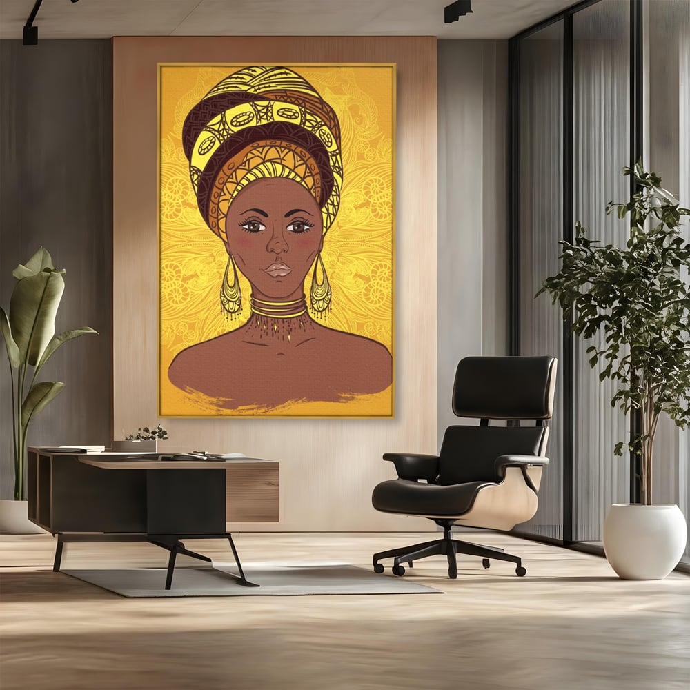 Tablou canvas cu ilustratie digitala cu femeie africana, in rama de aluminiu auriu, pe perete intr-un birou