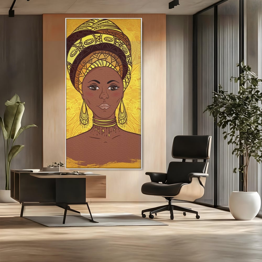 Tablou canvas cu ilustratie digitala cu femeie africana, in rama de aluminiu argintiu, pe perete intr-un birou