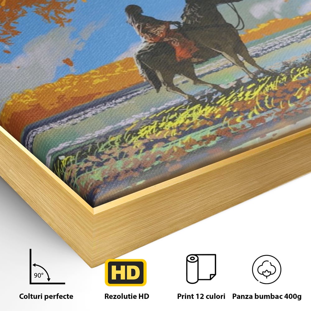 Detaliu al suprafetei: tablou canvas cu fata pe cal, in rama de aluminiu auriu