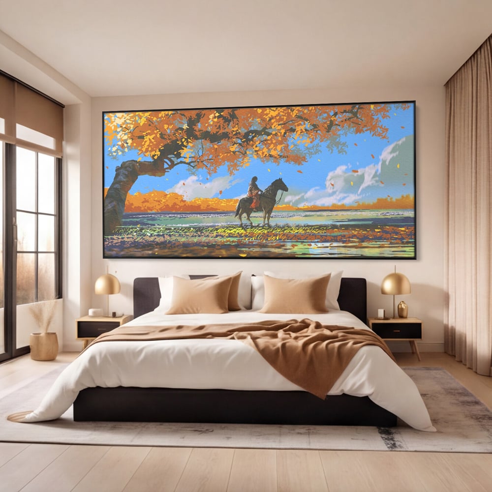 Tablou canvas cu tablou canvas cu fata pe cal, in rama de aluminiu negru, pe perete intr-un dormitor