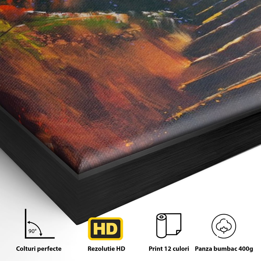 Detaliu al suprafetei: tablou canvas cu scari de toamna, in rama de aluminiu negru