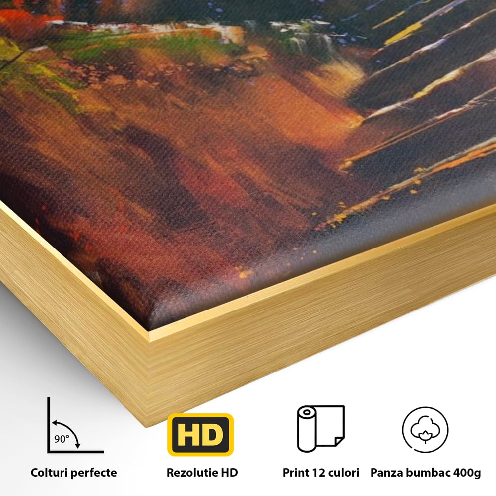 Detaliu al suprafetei: tablou canvas cu scari de toamna, in rama de aluminiu auriu
