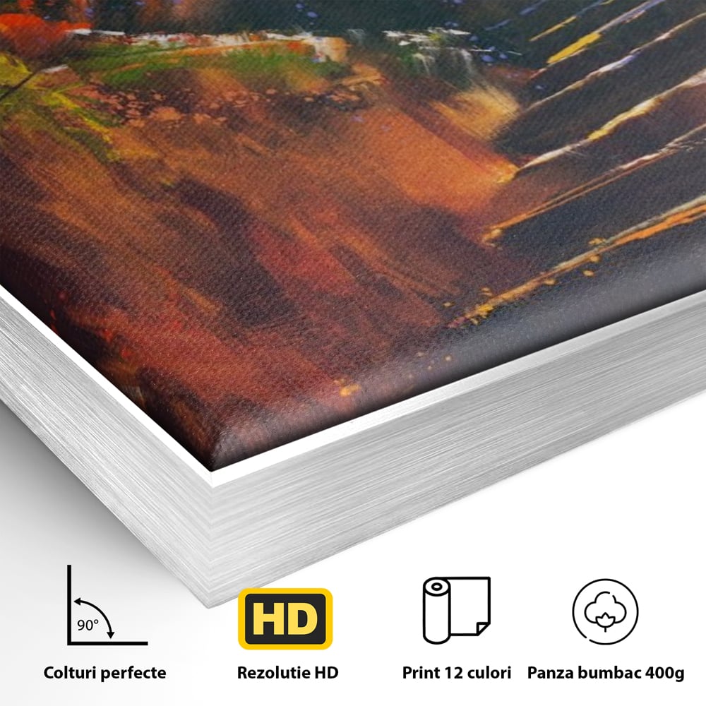 Detaliu al suprafetei: tablou canvas cu scari de toamna, in rama de aluminiu argintiu