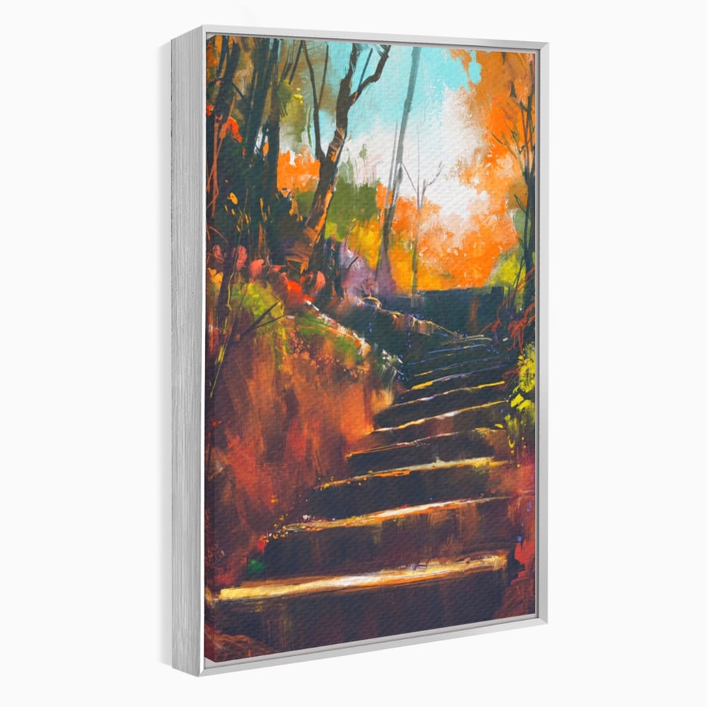 Tablou canvas cu tablou canvas cu scari de toamna, in rama de aluminiu argintiu