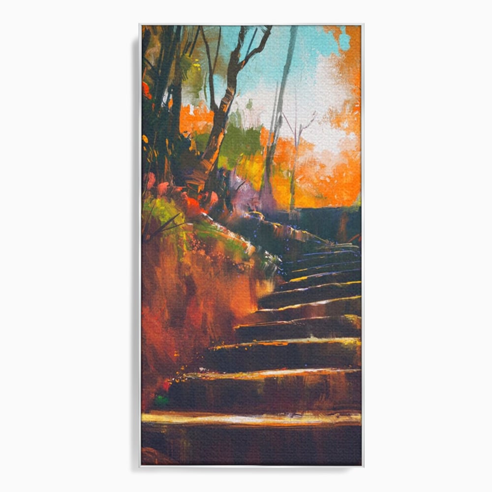 Tablou canvas cu tablou canvas cu scari de toamna, in rama de aluminiu argintiu