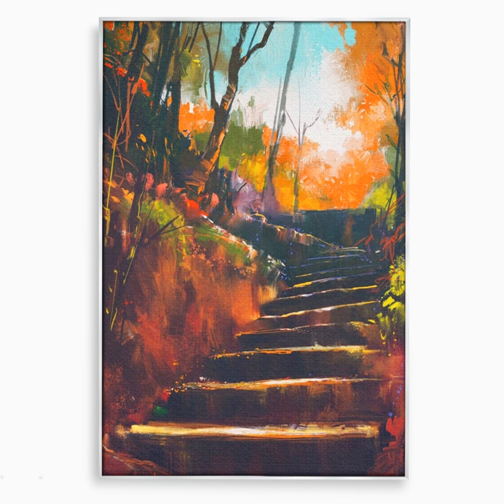 Tablou canvas cu tablou canvas cu scari de toamna, in rama de aluminiu argintiu
