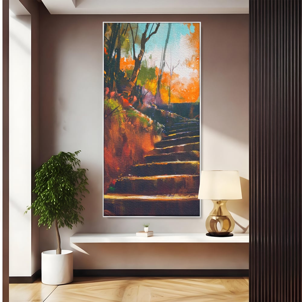 Tablou canvas cu tablou canvas cu scari de toamna, in rama de aluminiu argintiu