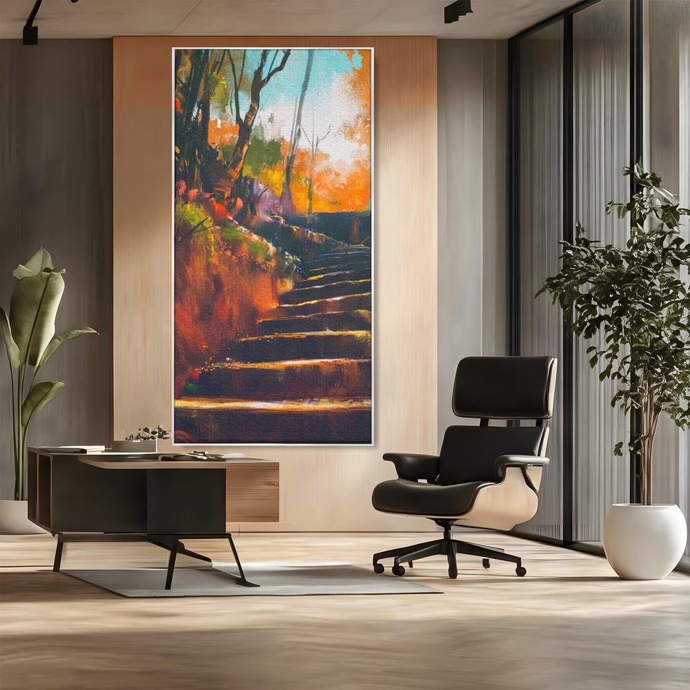 Tablou canvas cu tablou canvas cu scari de toamna, in rama de aluminiu argintiu, pe perete intr-un birou