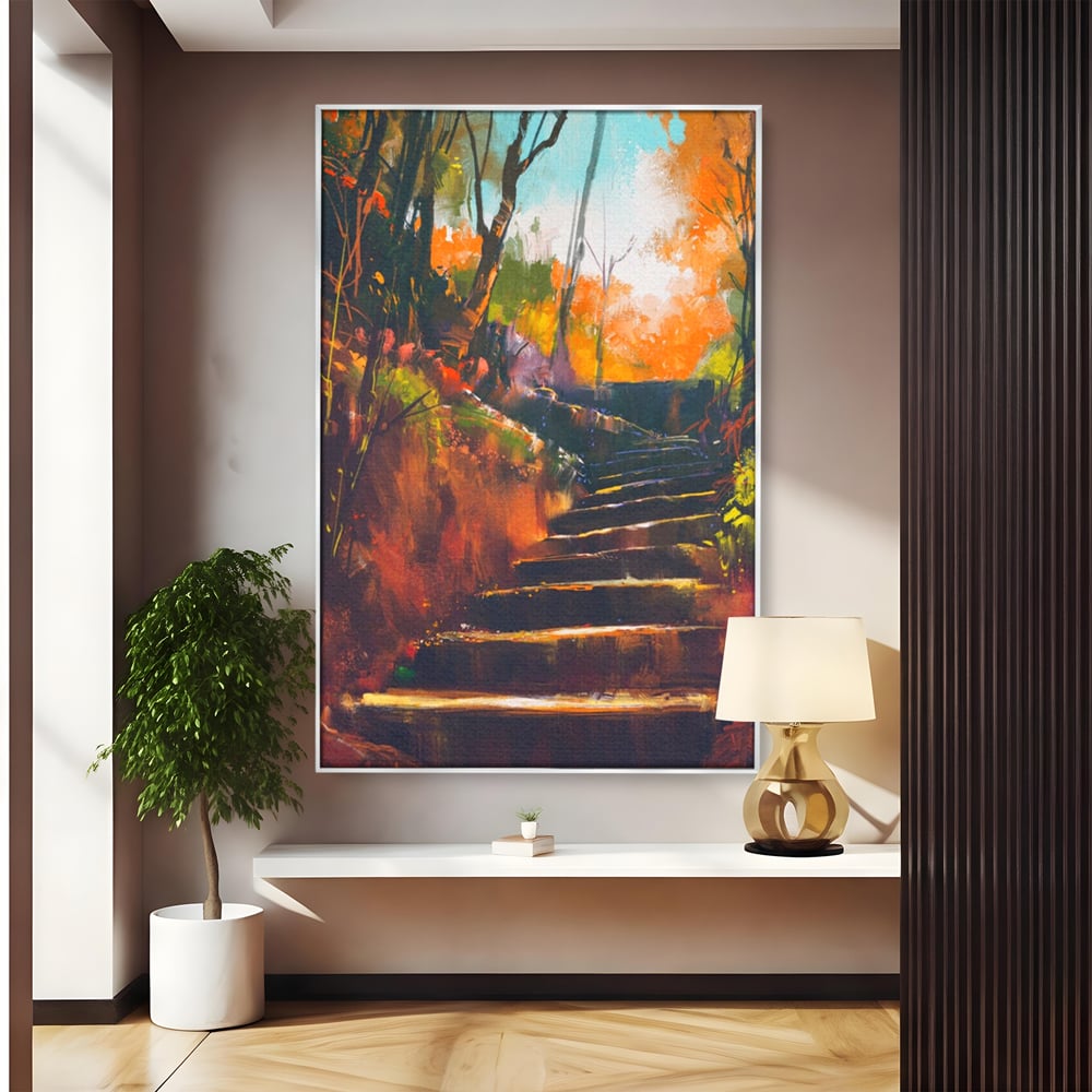 Tablou canvas cu tablou canvas cu scari de toamna, in rama de aluminiu argintiu