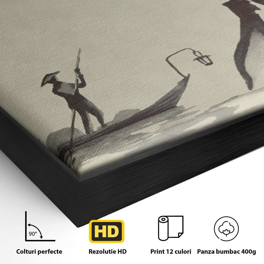 Detaliu al suprafetei: pictura minimalista cu pescar si soare rosu, in rama de aluminiu negru