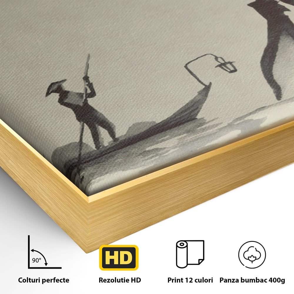 Detaliu al suprafetei: pictura minimalista cu pescar si soare rosu, in rama de aluminiu auriu