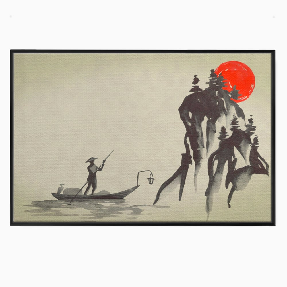 Tablou canvas cu pictura minimalista cu pescar si soare rosu, in rama de aluminiu negru