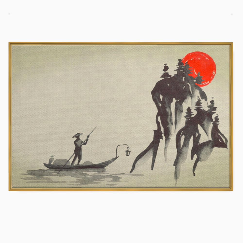 Tablou canvas cu pictura minimalista cu pescar si soare rosu, in rama de aluminiu auriu