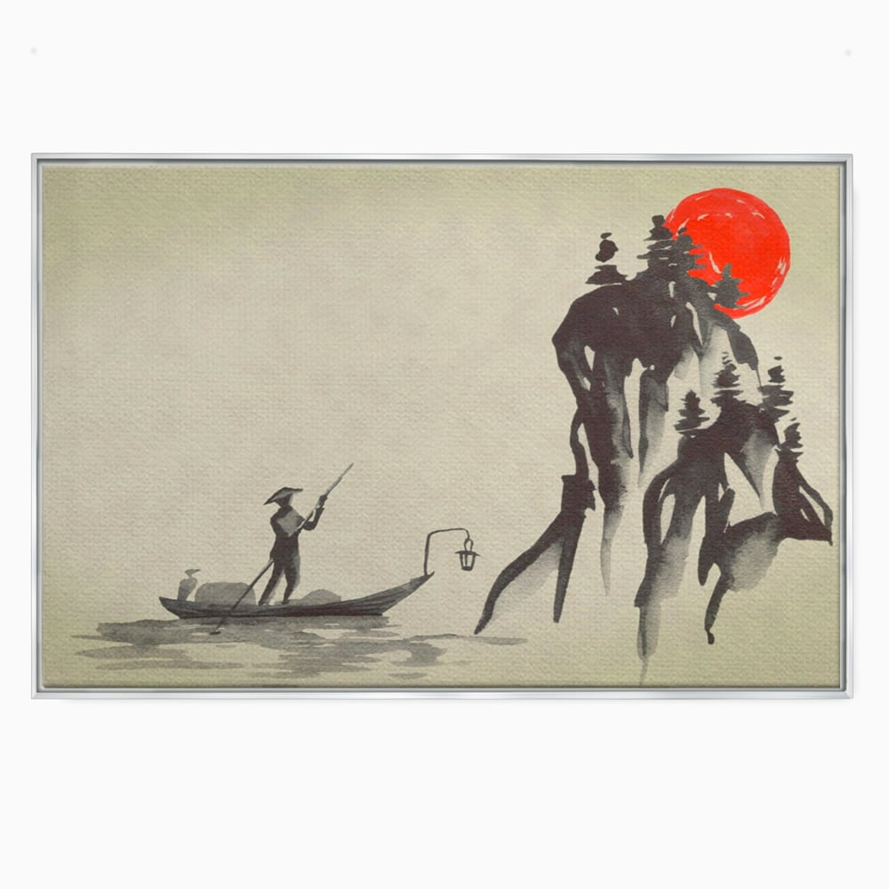 Tablou canvas cu pictura minimalista cu pescar si soare rosu, in rama de aluminiu argintiu