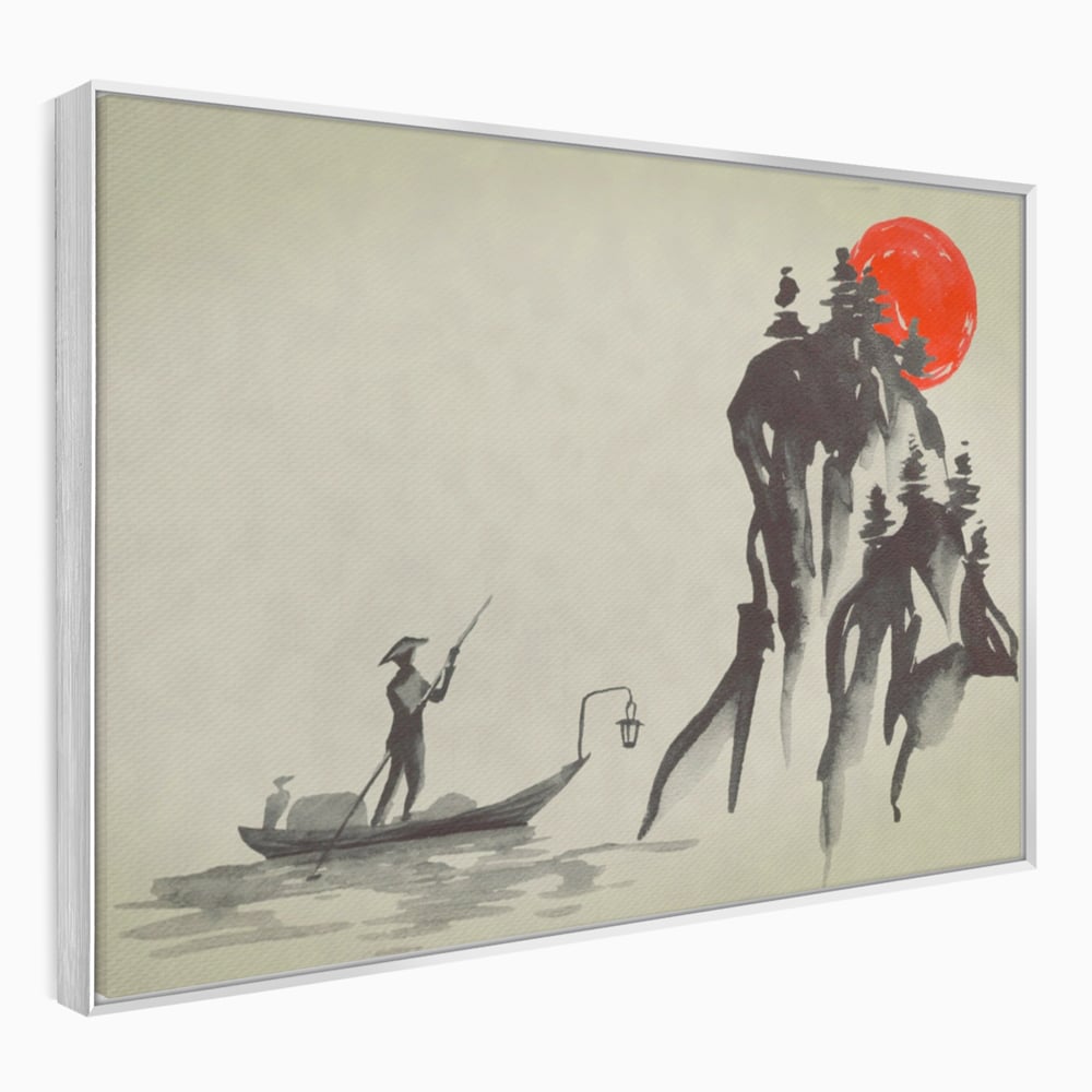 Tablou canvas cu pictura minimalista cu pescar si soare rosu, in rama de aluminiu argintiu