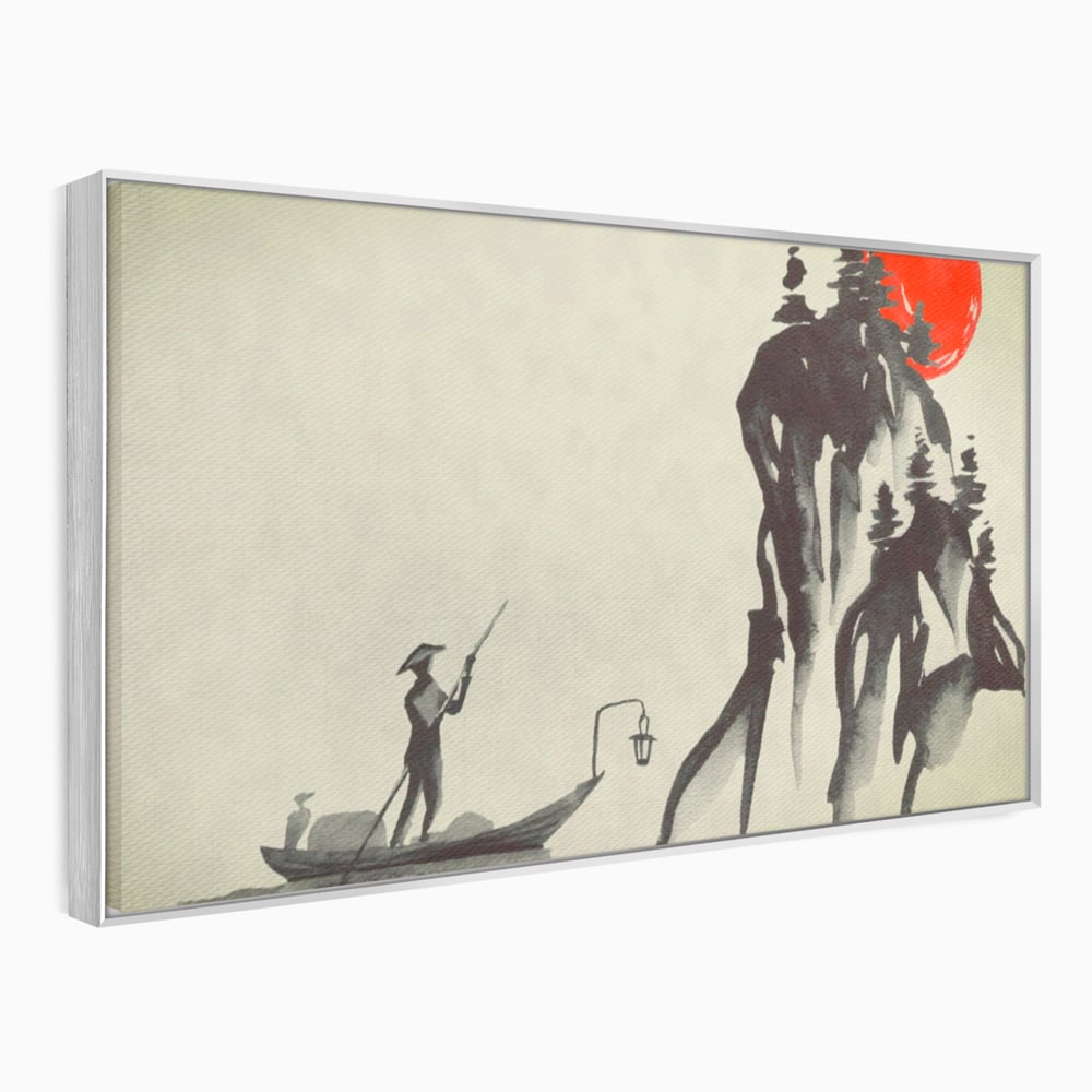 Tablou canvas cu pictura minimalista cu pescar si soare rosu, in rama de aluminiu argintiu